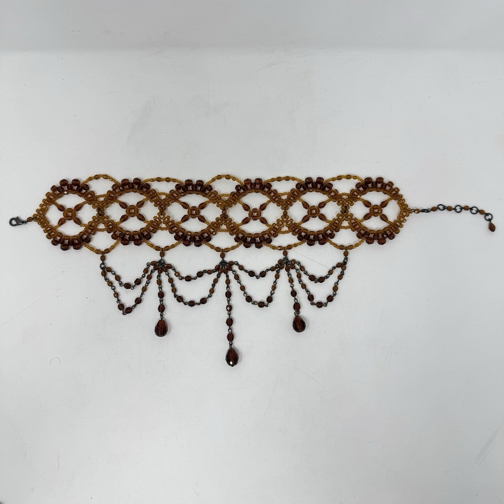 Vintage Victorian Style Gothic Amber Glass Beaded Festoon Collar Choker Necklace - Picture 14 of 15